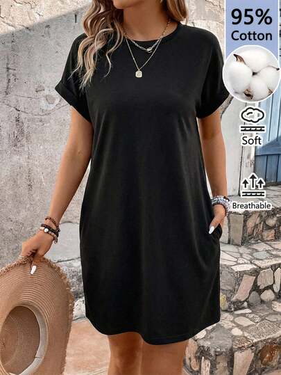 SHEIN LUNE Vestido corto de mujer de unicolor 95% algodón con mangas de murciélago, vestido casual de verano/primavera