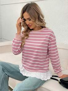 Easowa 秋冬季条纹印花花边下摆落肩卫衣 - 粉色 - 查看 5