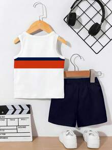 SHEIN Playful Pals 2pcs/Set Baby Boy Casual Outfit, Striped Letter Print Vest Top Paired With Navy Shorts, Suitable For Summer Outings - Multicolor - View 2
