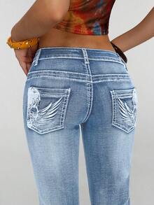 SHEIN Tall Women's Low-Waist Versatile Embroidered Flare Leg Jeans - Light Wash - View 8