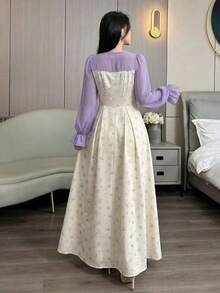 Modelyn Đầm voan chiffon họa tiết hoa phối tay kiểu Pháp thanh lịch, dáng ôm dành cho nữ. - Màu tím - Xem 2