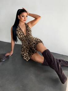 SHEIN SXY Đầm cổ yếm xếp nếp họa tiết da báo dành cho nữ - Màu vàng - Xem 3