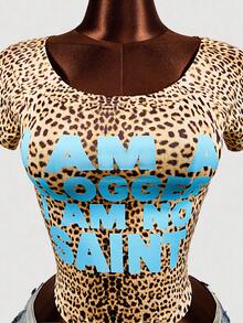 Mistrie Women's Leopard Print Letter Graphic Casual Versatile Daily Wear Short Sleeve T-Shirt - Multicolor - View 6