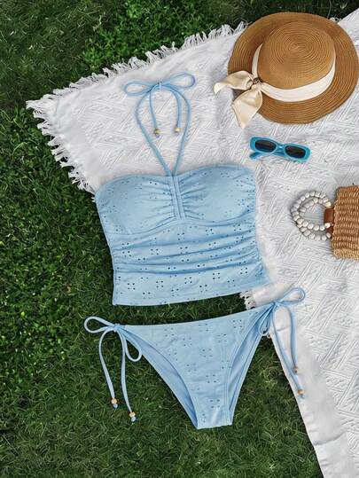 SHEIN MOD 纯色挂脖褶皱刺绣抽绳比基尼套装