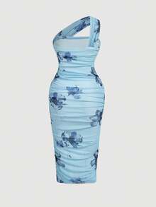 SHEIN MOD Plus Size Floral Print Asymmetric Neck Mesh Dress,Light Blue Summer Beach Holiday One Shoulder Ruched Bodycon Slim Fit Elegant Polyester Midi Dress - Blue - View 3