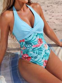 Swim Lushoire 女士新款随机印花纯色露背无袖休闲连体泳衣，春夏款 - 彩色 - 查看 2