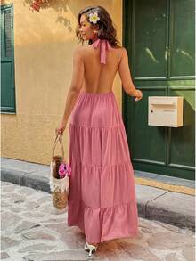 Breezaya Vestido de verano de unicolor con cuello halter, espalda descubierta y volantes en el bajo - Rosa - Ver 2