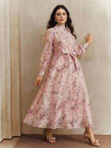 Anewsta Vestido longo feminino plus size elegante com estampa floral miúda, mangas compridas, babados, detalhes em pérolas e strass, modelagem que afina a cintura, novidade da coleção primavera/verão. - Rosa - Ver 3