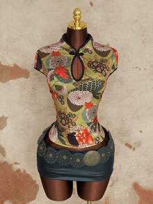 Sunspun Camisa de manga corta ajustada con cuello Mao y bloques de color, talla grande - Multicolor - Ver 4