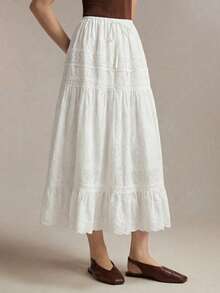 BizChic Falda acampanada nueva de primavera/verano con cintura elástica, cordón ajustable, lazo y parches de encaje bordado. Versátil para la oficina, el transporte, los negocios, ocasiones sociales y estilo Y2K - Blanco - Ver 5