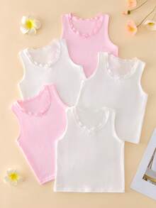 SHEIN 5 Stück/Set Mädchen Spitzenbesatz süß & niedlich einfarbig rosa + weiß minimalistisches weiches Basis Trägerhemd - Verschiedenfarbig - Übersicht 1