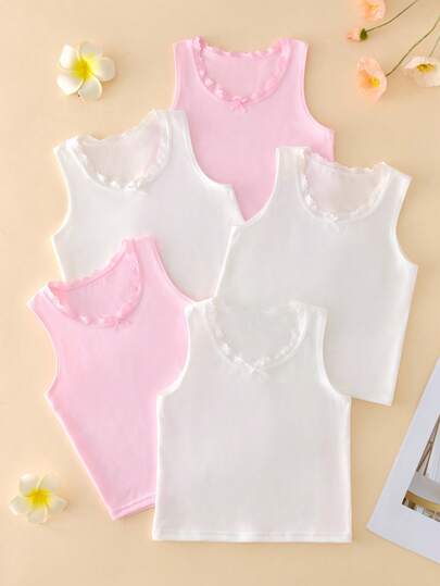 SHEIN 5件/套 女童蕾丝边甜美可爱纯色粉色+白色简约柔软基础款吊带背心