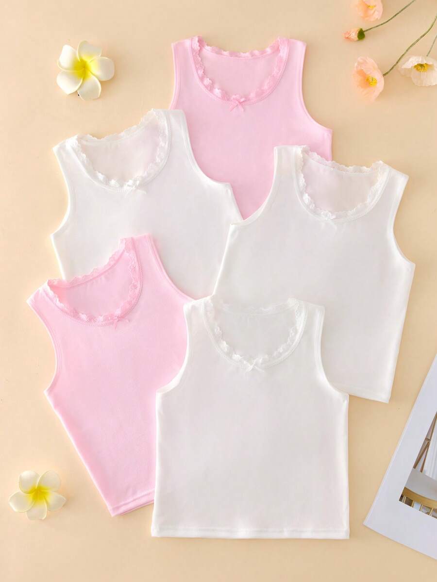 SHEIN 5 Stück/Set Mädchen Spitzenbesatz süß & niedlich einfarbig rosa + weiß minimalistisches weiches Basis Trägerhemd - Verschiedenfarbig - Übersicht 1
