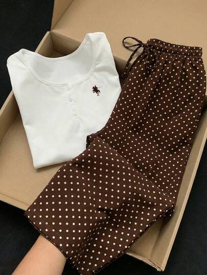 Comfortcana 2pcs Women's Round Neck Short Sleeve T-Shirt And Drawstring Adjustable Vintage Brown Polka Dot Print Casual Pants Set, Suitable For Outings, Street Style, Airport, Chic, Beach Vacation, Weddings, Graduation, Holidays, Y2K
