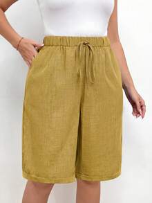 EMERY ROSE Plus Size Women Solid Color Drawstring Waist Pocket Casual Versatile Daily Shorts - Yellow - View 4