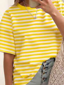 EMERY ROSE Áo thun ngắn tay cổ tròn kẻ sọc, áo thun cỡ lớn dành cho nữ, mùa hè - Nhiều màu - Xem 3