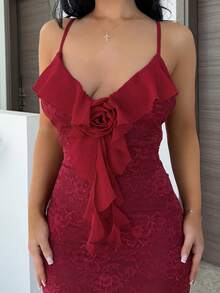 Vassilux Women's Elegant Romantic 3D Floral Decor Valentine's Day / Vacation Sleeveless Dress With See-Through Lace Patchwork And Ruffle Hem Party - Burgundy - View 3