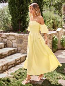 KARISMINA Robe tissée de couleur unie pour femmes, convient pour les vacances de printemps/été - Jaune d'oie - Voir 4