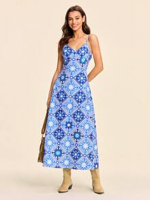 Coeurva 女士全印花休闲度假吊带连衣裙 - 藍色 - 查看 4