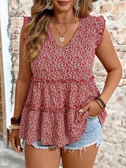 EMERY ROSE Plus Size Floral Print V-Neck Ruffle Trim Puff Sleeve Elegant Blouse, Suitable For Vacation, Outdoor, Daily Wear, Spring/Summer