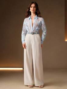 Anewsta Áo kiểu nữ thanh lịch, chất liệu jacquard mỏng, màu xanh nhạt. - Màu xanh lam - Xem 6