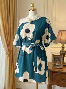 Rometta Flower Printed Asymmetric Collar Plus Size Casual Vacation Dress - Multicolor - View 2