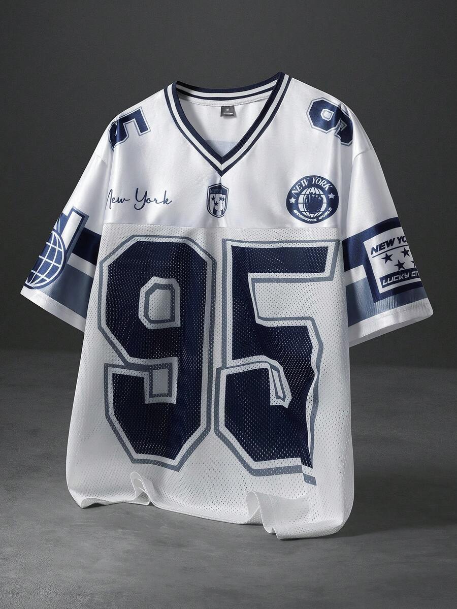 PAVTROS 男士休闲撞色条纹数字印花T恤，夏季 - 白色 - 查看 1