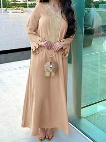 Al Najma Đầm dài tay cổ chữ V dáng rộng thanh lịch kiểu Ả Rập dành cho nữ - Màu Khaki - Xem 7
