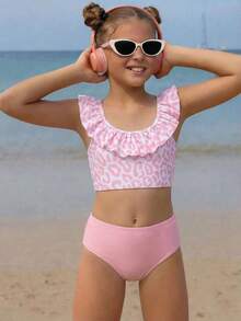 SHEIN 少女豹纹荷叶边比基尼套装 - 粉色和白色，无袖露脐上衣带胸衬，三角泳裤，可爱Y2K风格，适合游泳、冲浪、度假、海滩、春假 - 粉色 - 查看 9