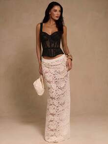 SHEIN Glamour 女士优雅纯色蕾丝吊带背心，夏季胸下束身衣，女士束身胸衣，带钢骨束身衣，系带束身衣，女士束身衣上衣，蕾丝束身衣上衣，黑色束身衣上衣 - 黑色 - 查看 3