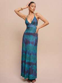 Đầm hở lưng cổ yếm in họa tiết nhuộm tie-dye thanh lịch dành cho nữ, thích hợp cho kỳ nghỉ. - Màu xanh lam - Xem 5