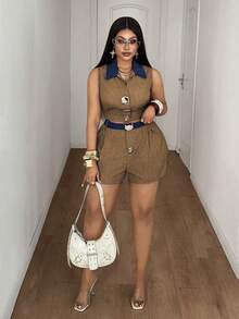 Maweii Plus Size Contrast Color Collar Sleeveless Top And Shorts 2 Pieces Set - Brown - View 6