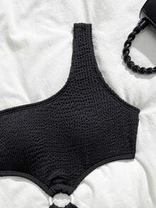 SHEIN Tween Girls One-Piece Swimsuit,Black Wave Pattern Knit Fabric One Shoulder Strap Center Ring Cut Out Monokini,Casual Summer Beach Vacation Holiday - Black - View 4