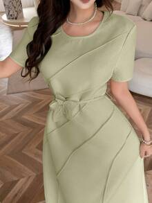 Vestido de verano de mujer de cuello redondo elegante y texturizado, de manga corta - Verde - Ver 6