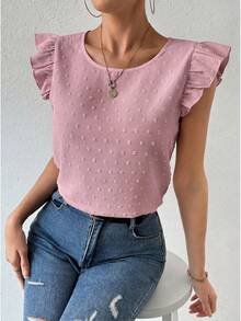 Breezaya 女士纯色简约日常穿搭衬衫，带荷叶袖 - 淺粉色 - 查看 3