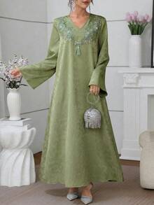 Al Najma Luxurious Embroidered & Beaded Long Sleeve Maxi Dress, Turkish & Arabic Traditional Style - Green - View 5