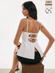 Poéselle 女士休闲性感度假风纯色露背扭结褶皱腰部吊带背心，夏季 - 白色 - 查看 1