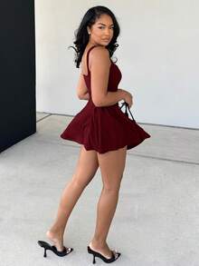 Alexandranx 女士酒红色纯色迷你 A 字形荷叶边连衣裙，方领，性感优雅收腰，适合秋冬季、圣诞节、约会之夜、派对 - 酒紅色 - 查看 3