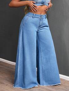 SHEIN SXY Plus Size Women Pockets Frayed Hem Loose Casual Jeans  Wide Leg Jeans Flared Jeans Jeans Y2k Oversized Jeans - Blue - View 7