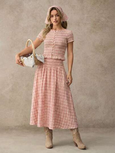 WESTFADE Embroidered Plaid Smocked Waist Convertible Midi Skirt And Dress Spring, Resort Wear, Summer, Vacation, Beach, Casual, Cute, Coastal, Cowgirl, Boho, Festival, Country Concert Outfit, Rodeo, Nashville, Western Wear For Women