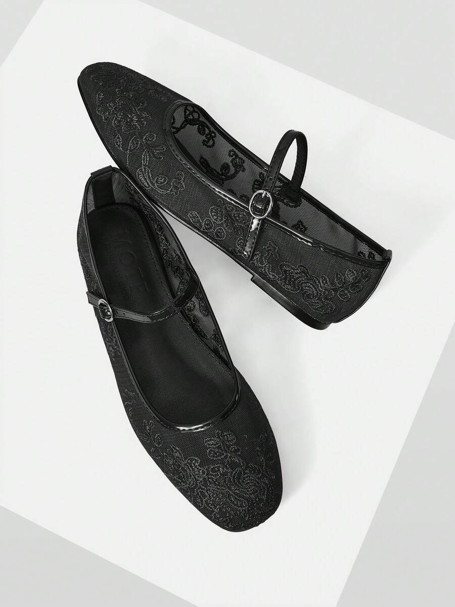 MOTF WOMEN ELEGANT VERSATILE COMMUTING VELVET FLORAL EMBROIDERY BUCKLE STRAP FLATS FOR CHRISTMAS SPRING SHOES - Graphite Black - View 1