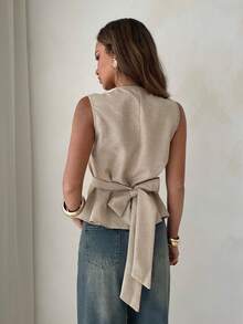 Aloruh 优雅商务休闲卡其色无袖背心外套，夏季纯色外套，饰有金属纽扣 - 卡其色 - 查看 2