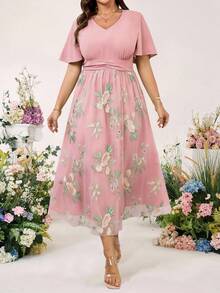 Cravure Vestido corto de manga corta elegante con bordado floral de talla grande - Rosa - Ver 7