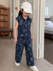 Dazy Kids 女童（小号）无袖深色水洗牛仔背心和宽松阔腿牛仔裤套装 - 藍色 - 查看 7