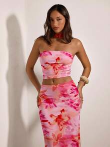 Opulessa 休闲度假风性感粉色百合热带花卉扎染图案女式上衣和半裙两件套，适合春夏度假穿着 - 彩色 - 查看 6