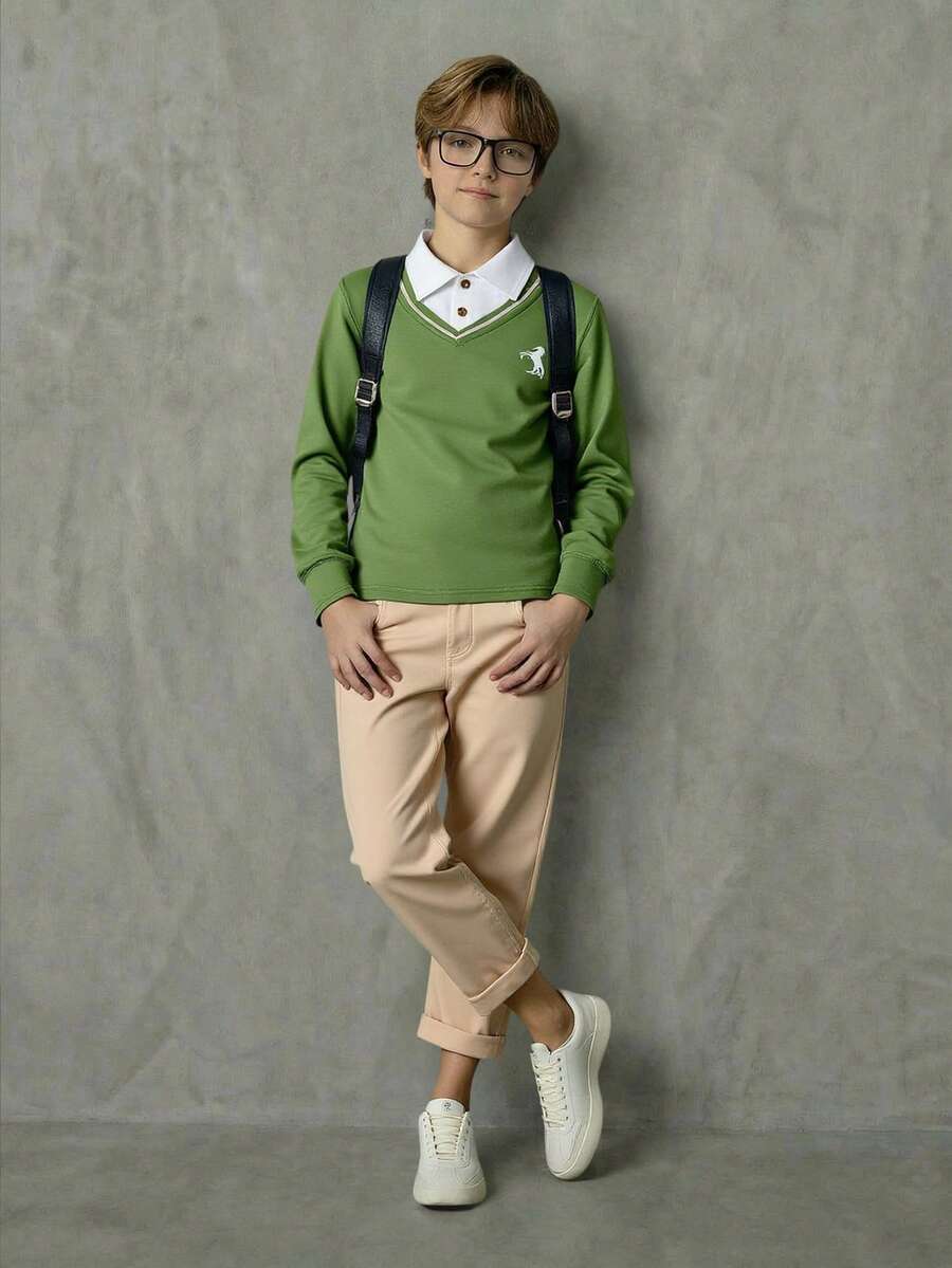 Casuvi Kids 两件套男童海军蓝 Polo 领二合一刺绣条纹衬衫搭配卡其色直筒裤套装，适合日常穿着、复古校园风、运动街头风、返校季、春秋季男童休闲两件套，男童套装，儿童休闲套装，儿童男童休闲套装，男童套装 - 綠色 - 查看 1