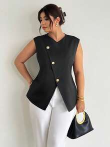 Firerie Plus Size Solid V-Neck Button Front Sleeveless Casual Blazer - Black - View 7