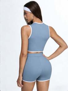 Eassivo Eassivo 女士撞色滚边上衣和短裤休闲日常瑜伽运动服套装 - 淺藍色 - 查看 2