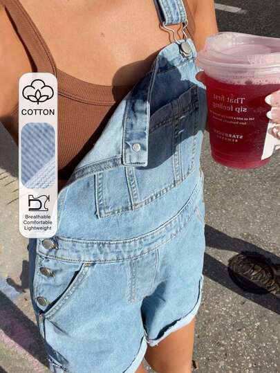 Livesso Women's Casual Solid Color Waist Cinched Short Denim Jumpsuit, Blue Summer