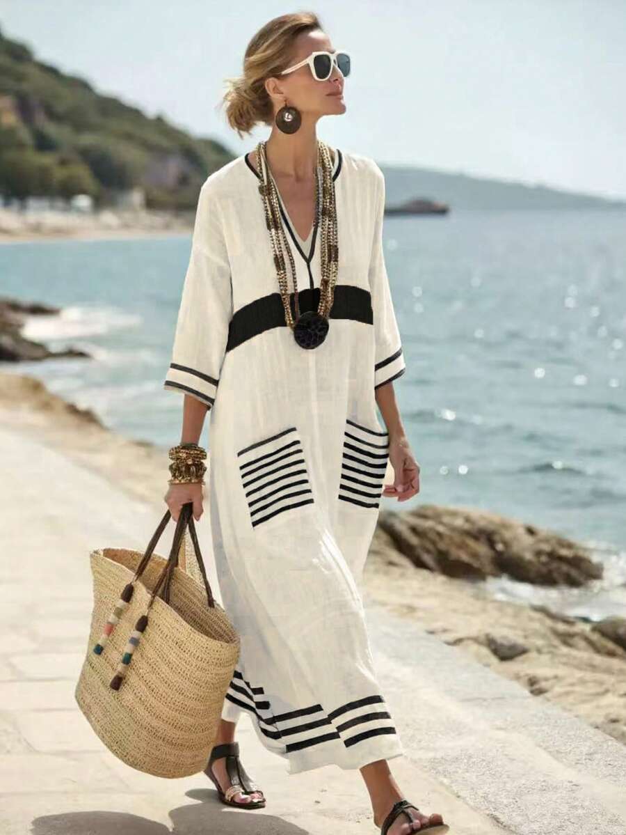 SHEIN Holidaya V领七分袖印花宽松休闲长裙，适合春、夏、秋、冬、新年、万圣节等各种场合，宽松舒适，日常穿着优雅得体，也适合派对、海滩、浪漫约会、时尚休闲通勤等场合。 - 黑色 - 查看 1